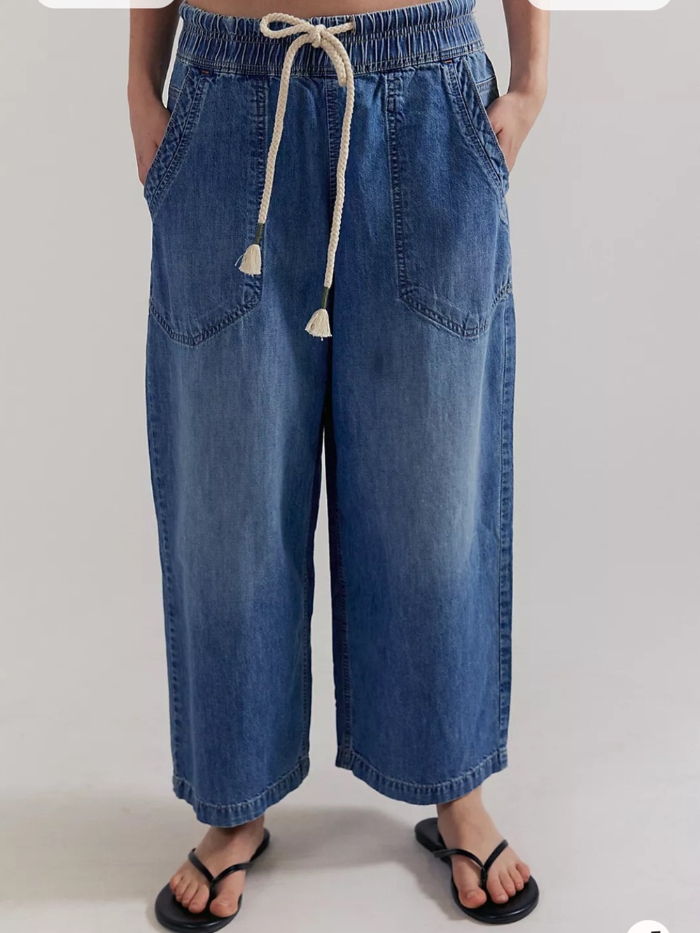 WIDE LEG ROPE TIE JEANS TIKTOK SIZE MEDIUM ELASTIC EASY PULL-ON